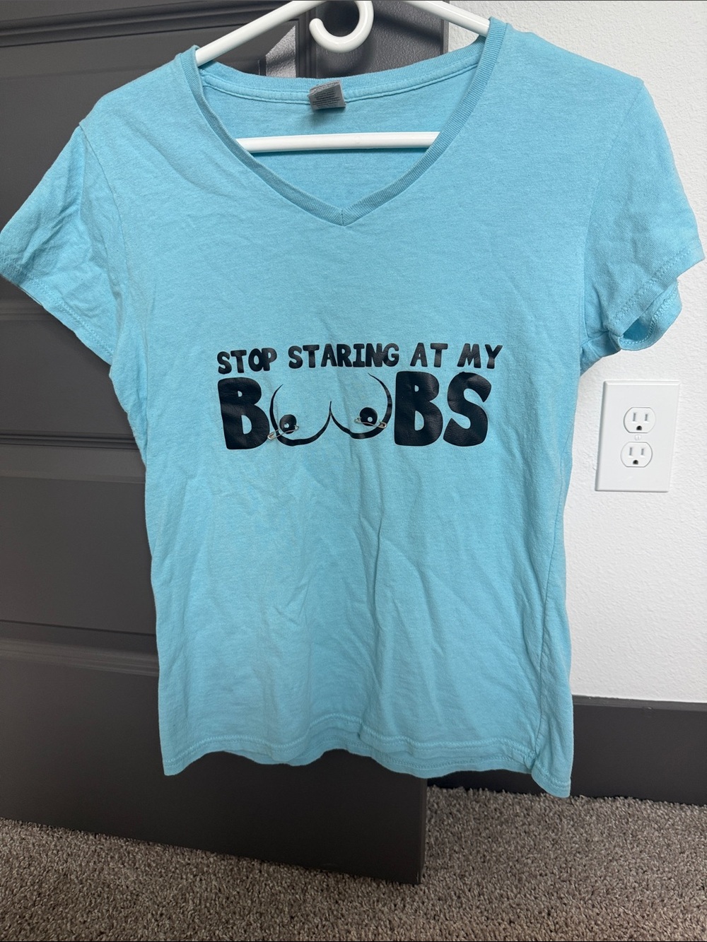 Gildan Light Blue V-Neck Tee with Bold Black Graphic